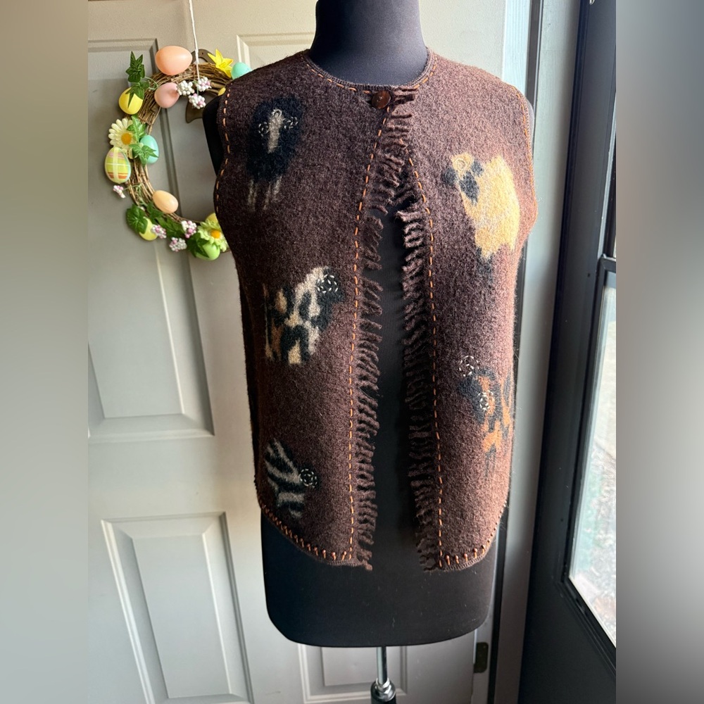 Vintage Y2K Susan Bristol wool fringe hand embroidered sheep vest, size small